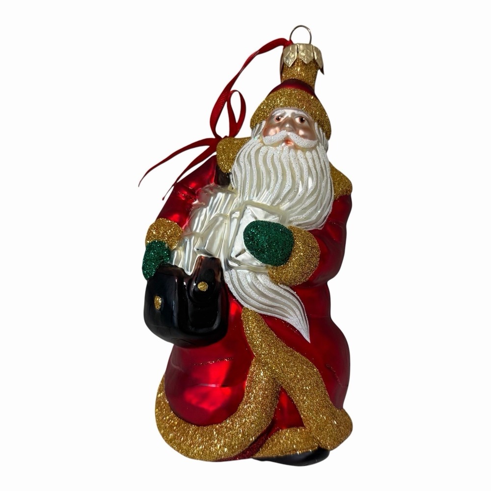 1999 Patricia Breen Through Rain and Snow Santa Ornament Red Coat Bag Glass Vtg